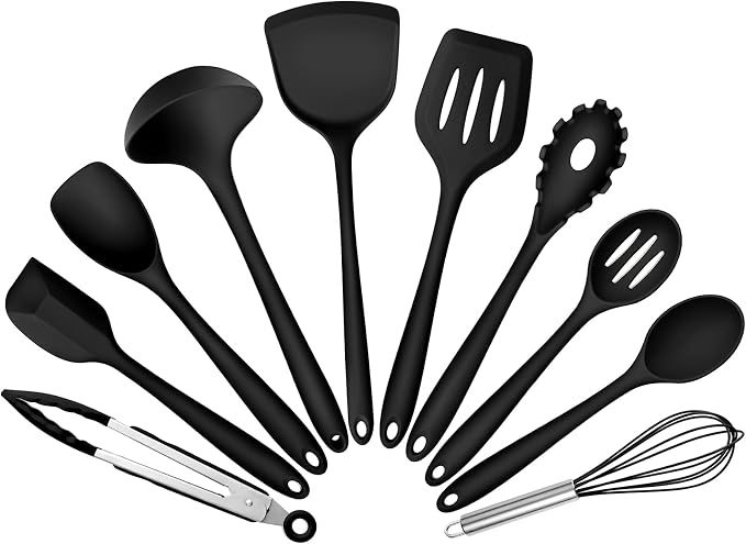 Silicone Cooking Utensils Set of 10, Leonyo Black Kitchen Utensils Set by Leonyo