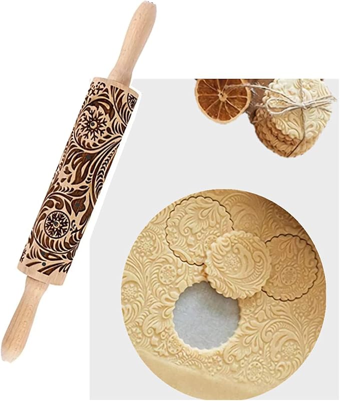 MIZORLIE 14.9"Paisley Engraved Embossed Rolling Pin, Christmas Snowflake Flower - Image 2