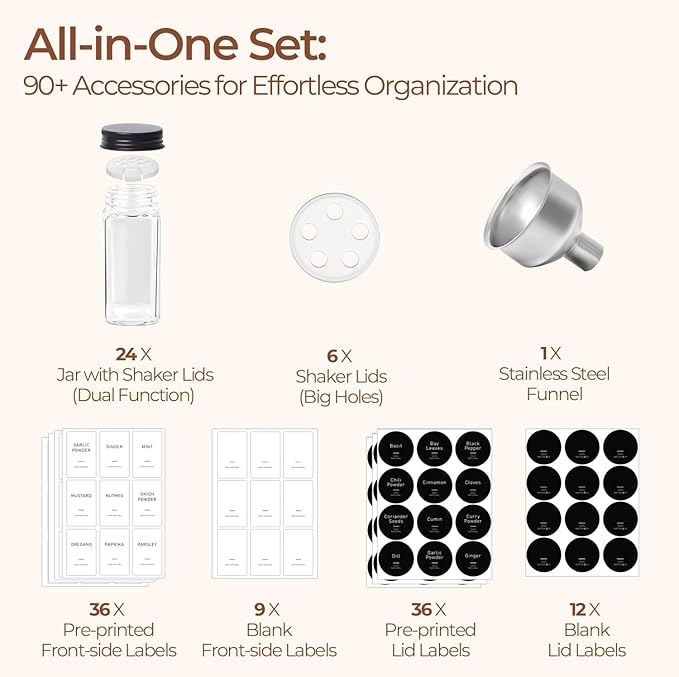 ComSaf Glass Spice Jars with Label, 93 Labels, a Metal Funnel, Extra Shaker Lids - Image 4