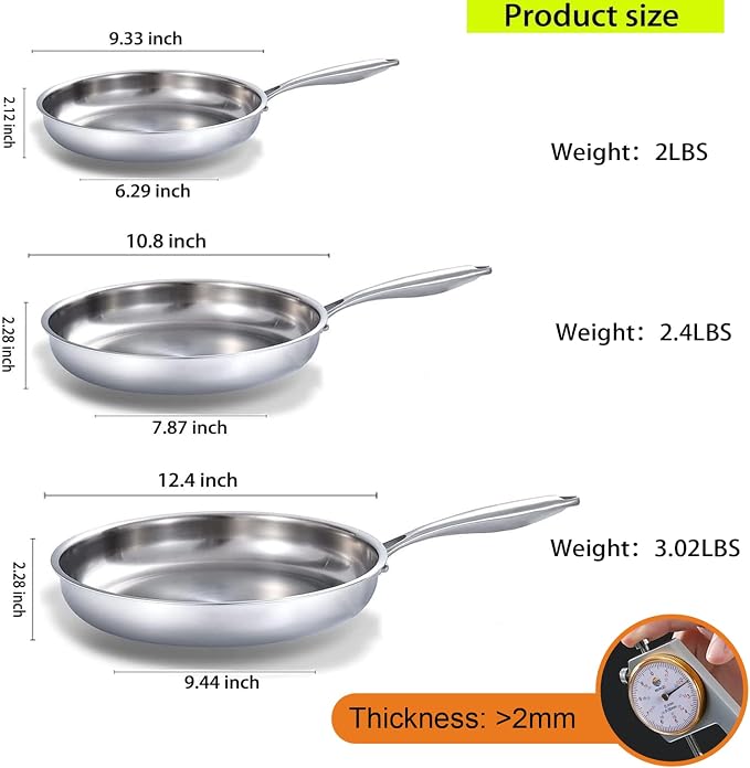DELARLO Whole Body Tri-Ply Stainless Steel Frying Pan set, 8”/10”/12” Cooking - Image 4