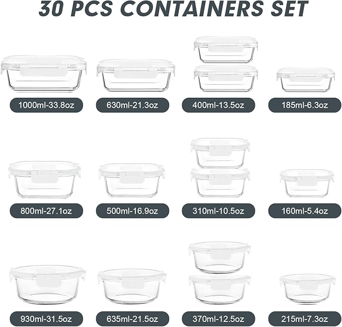 VERONES 30 Pieces Glass Meal Prep Containers Set, Stackable Food Storage - Image 2