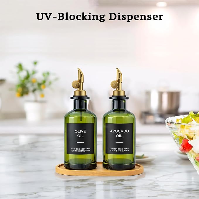 Olive Oil Dispenser Set, 2 x 11.8oz Deep Green Glass Bottles - Image 4