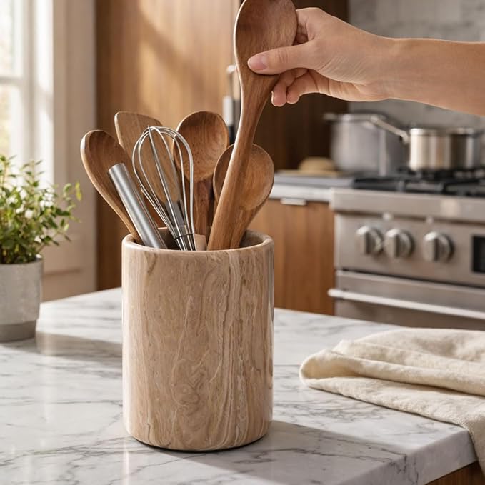 Radicaln Marble Utensil Holder 6.5" Inches Natural Brown Handmade Spatula Set - Image 2