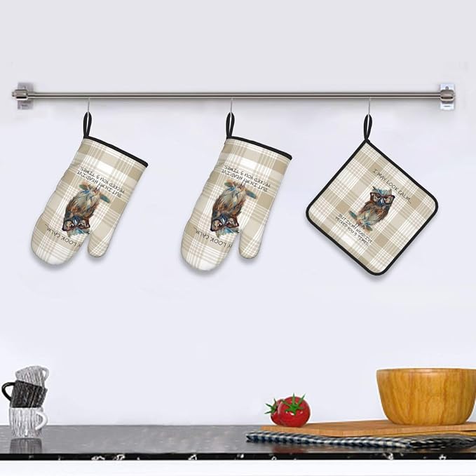 Funny Owl Oven Mitts and Pot Holders Sets of 3 Kitchen Hot Pads Cute Buffalo - Image 6