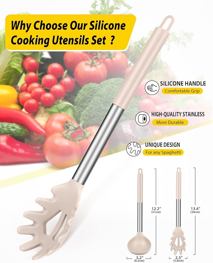 Silicone Pasta Fork and Ladle Spoon Set, Large Non Stick Kitchen Utensils - Image 2