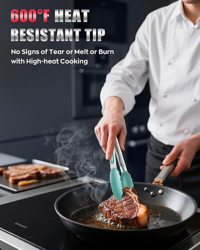 600ºF Heat Resistant Kitchen Tongs, Premium Locking Cooking Tongs - Image 2