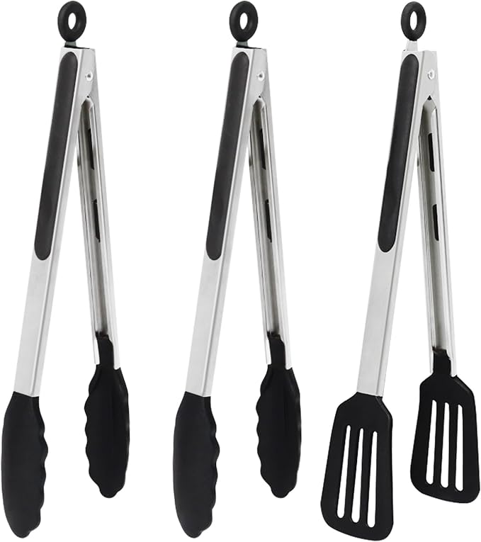 12 Inch Kitchen Tongs Set of 3, Silicone Tongs by Pharamat