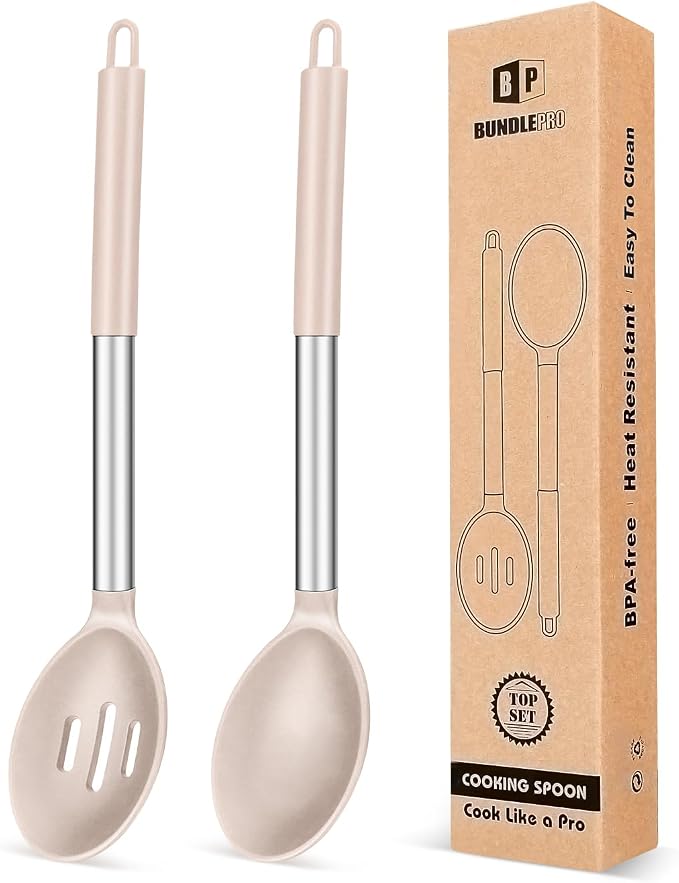 Pack of 2 Large Silicone Cooking Spoons, Non Stick Solid Basting Spoon by BUNDLEPRO
