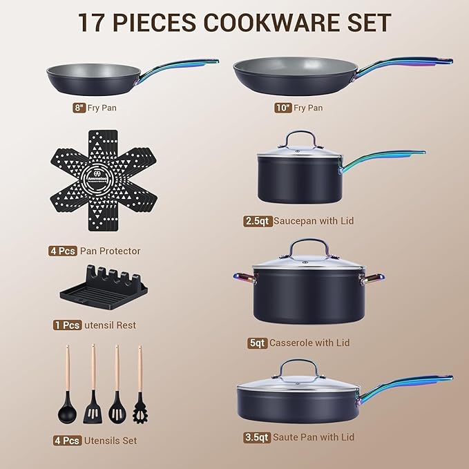 Ammeloo 17 Pcs Ceramic Cookware Set, Induction Pots and Pans Set Non Stick - Image 2