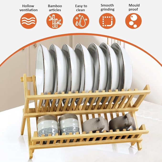 KKTONER Bamboo Dish Drying Rack 2 Tier Foldable Plate Organizer Collapsible - Image 7