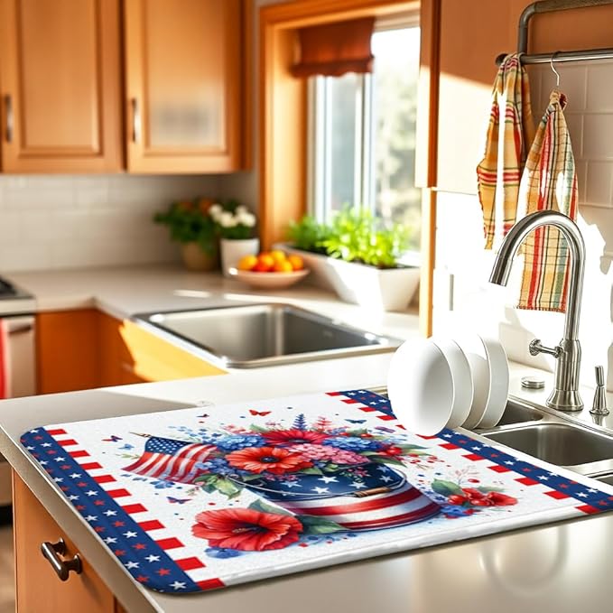 4th of July Dish Drying Mat for Kitchen Counter Independence Day 16''x18'' - Image 2