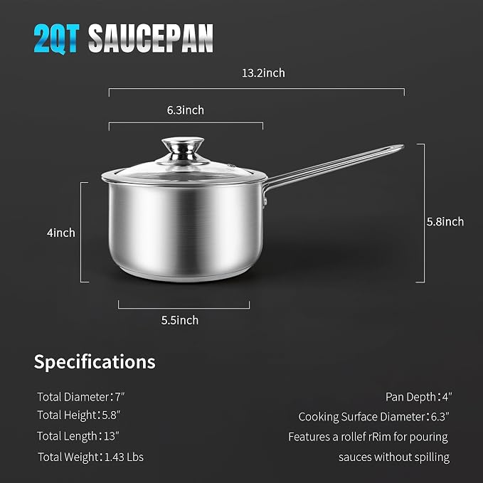 AuFranc® 2 Quart Tri-ply Stainless Steel Saucepan - Image 2