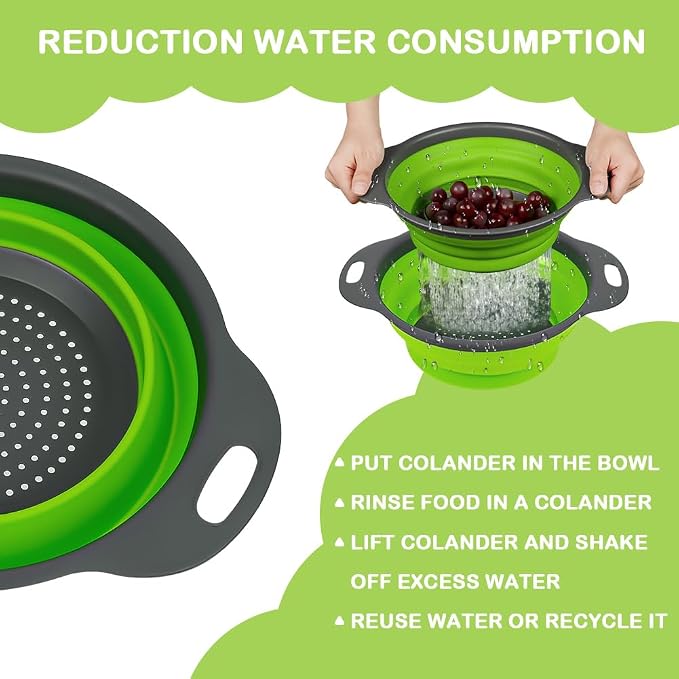 AUAUY 2 Pack Collapsible Colander Set, Round Silicone Folding Collapsible - Image 2