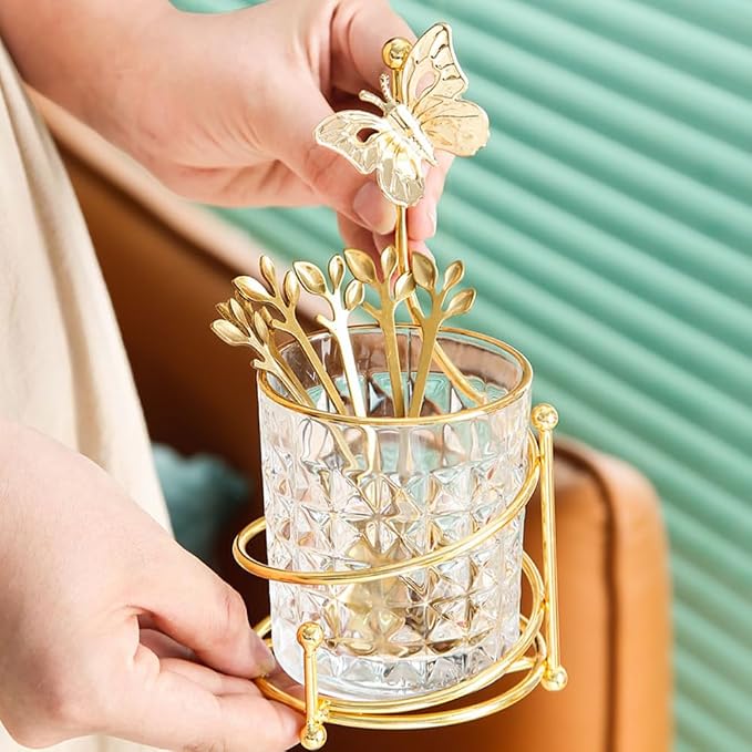 6PCS Coffee Spoons Set with Glass Holder, Small Stainless Steel Gold Tea Spoon - Image 8