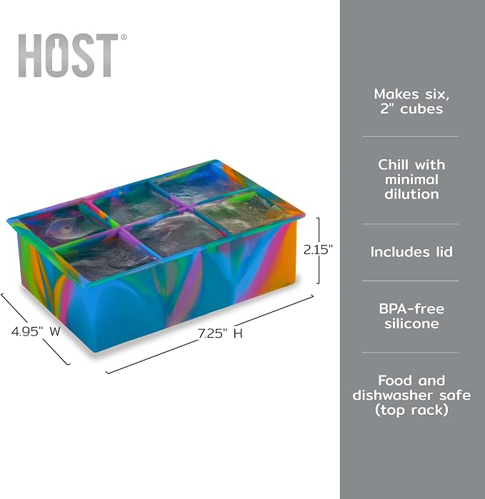 Host Ice Cube Tray with Lid, Makes 6 Large 2" Cubes, Durable Silicone Trays - Image 3