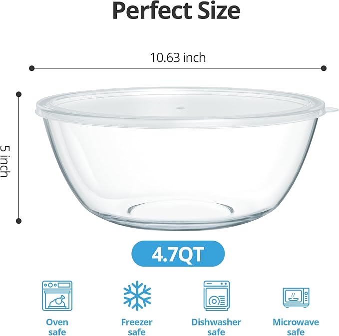4.7 Qt Extra Large Glass Mixing Bowls Clear Glass Salad Cooking Bowls - Image 2