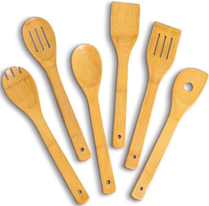 IOOLEEM Bamboo Wooden Spoons for Cooking 6 Pcs 12 Inch, Non-Stick Wooden by IOOLEEM