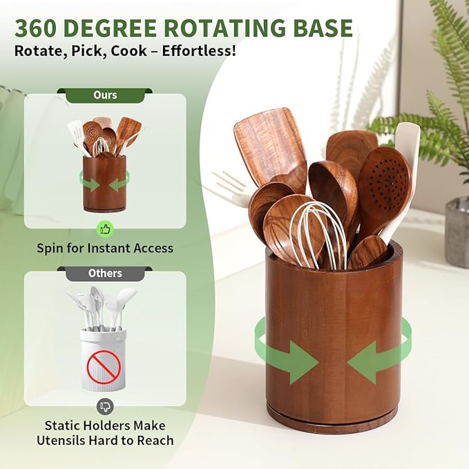 Wooden Utensil Holder, 360°Rotating 7.3'' Large Utensil Holder - Image 2