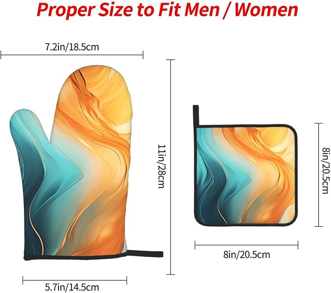 Orange Teal Marble Oven Mitts and Pot Holders Sets of 3 Kitchen Hot Pads Modern - Image 4