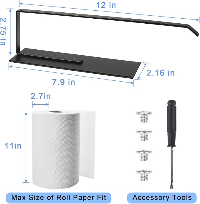 Paper Towel Holder Black, Toilet Paper Roll Holder Magnetic Towel Rack Wall - Image 2