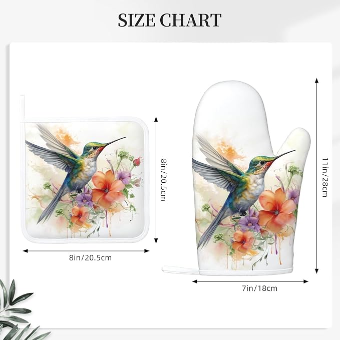 Oven Mitts and Pot Holders Watercolor Hummingbird Flower Silicone Kitchen - Image 3