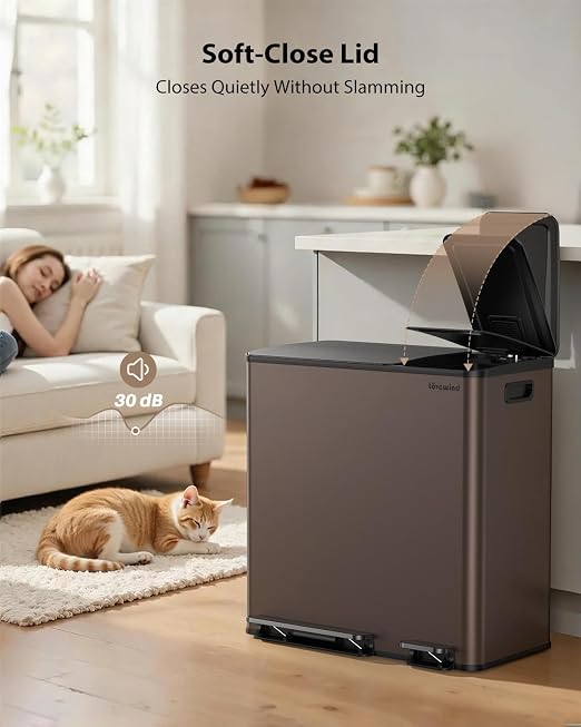 Dual Trash and Recycling Bins for Kitchen, 13.2 + 5.2 Gal Stainless Steel Trash - Image 4