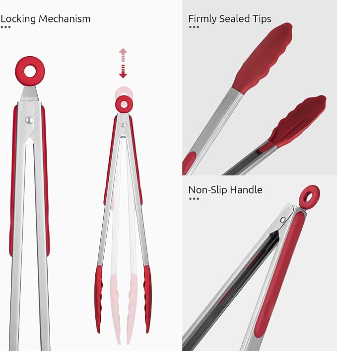 600ºF Heat Resistant Kitchen Tongs: U-Taste 9+12 inch Silicone Cooking Tong Set - Image 6