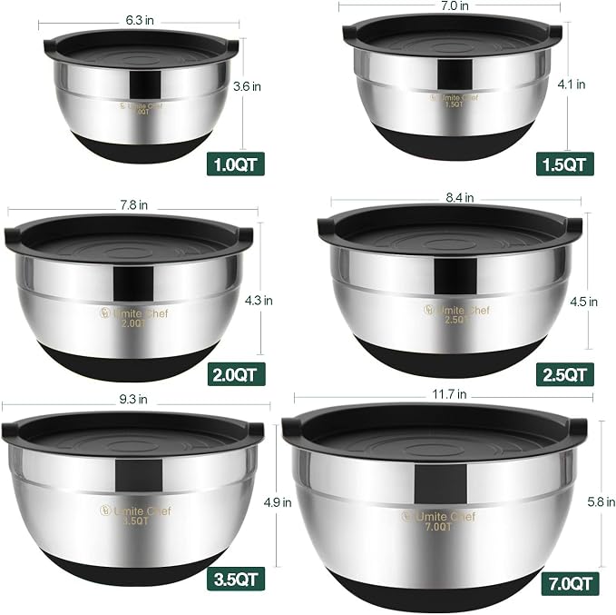 Umite Chef Mixing Bowls with Airtight Lids，6 piece Stainless Steel Metal - Image 6