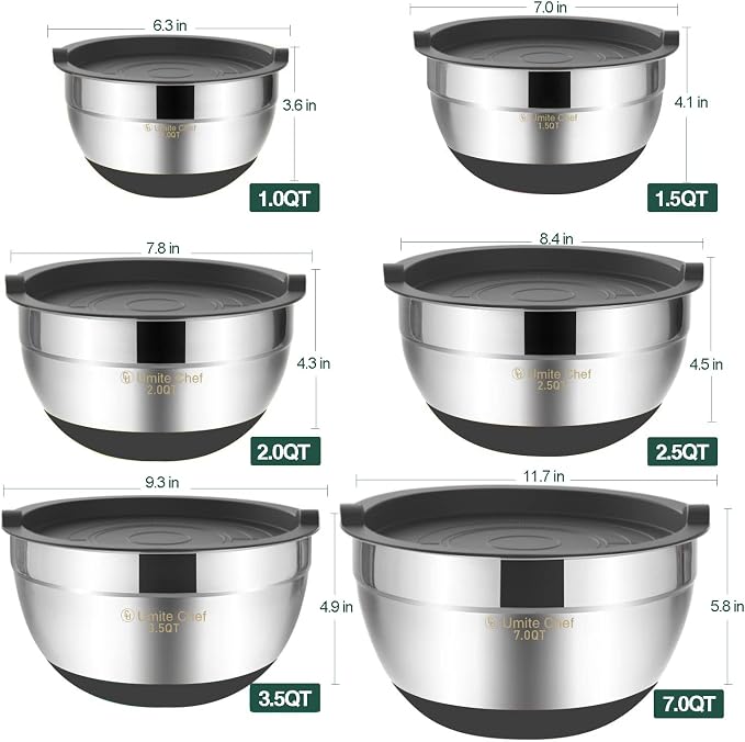 Umite Chef Mixing Bowls with Airtight Lids，6 piece Stainless Steel Metal - Image 5