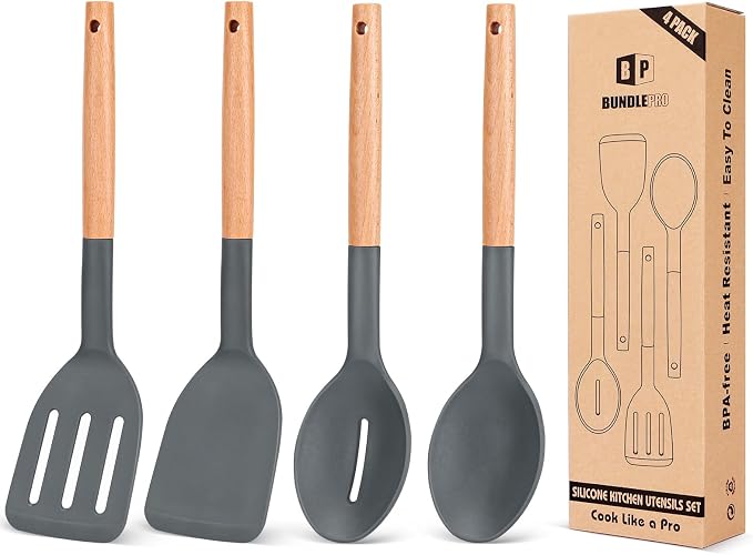 Pack of 4 Silicone Cooking Utensils Set, Non Stick Solid Spatulas and Heat by BUNDLEPRO