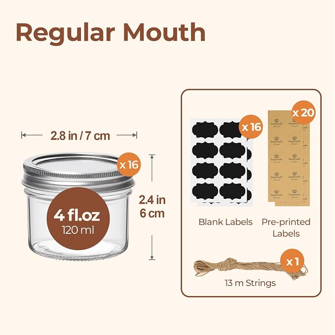 ComSaf Mini Mason Jars Bulk 4oz 16PCS, Regular Mouth Mason Jar - Image 2