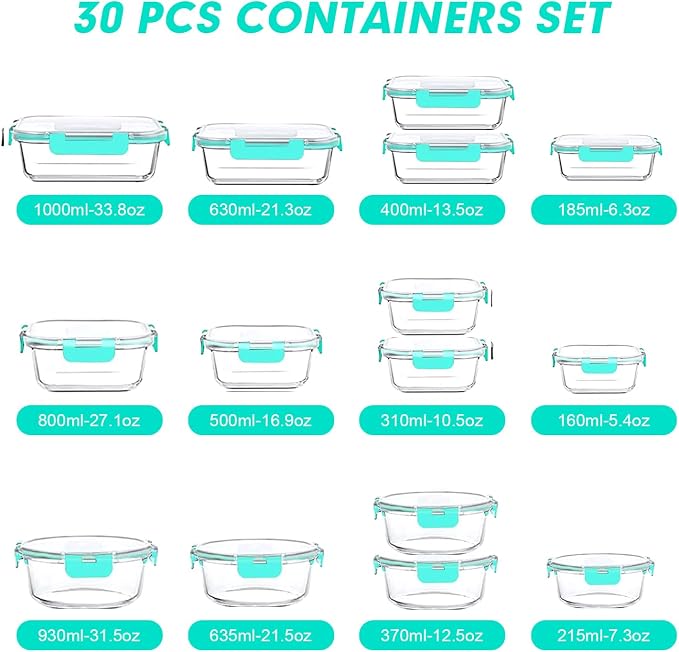 VERONES 30 Pieces Glass Meal Prep Containers Set, Stackable Glass Food Storage - Image 2