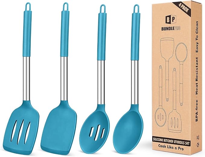 Pack of 4 Silicone Cooking Utensils Set, Non Stick Large Solid Spatulas by BUNDLEPRO