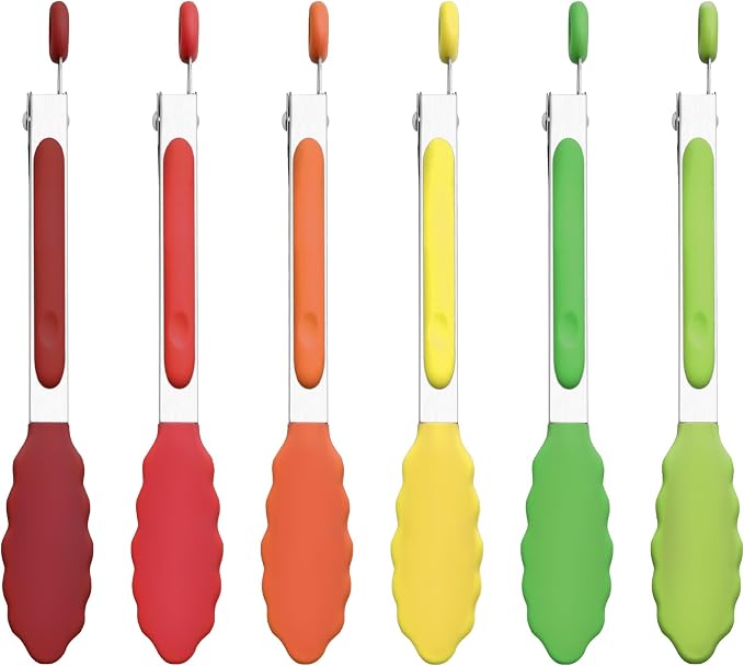 7-Inch Silicone Tongs Pack of 6, Small Stainless Steel Tongs by DAILYKISN