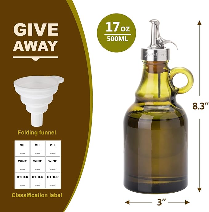500ml Green Olive Oil Dispenser Bottle, 17oz Glass Oil and Vinegar Cruet - Image 2