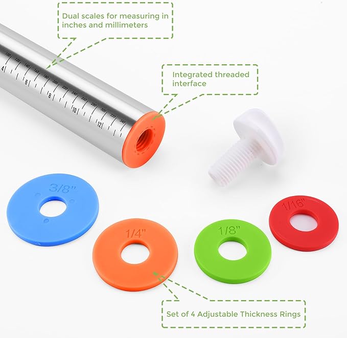 Rolling Pin with Adjustable Thickness Rings and Silicone Baking Pastry Mat Set - Image 4