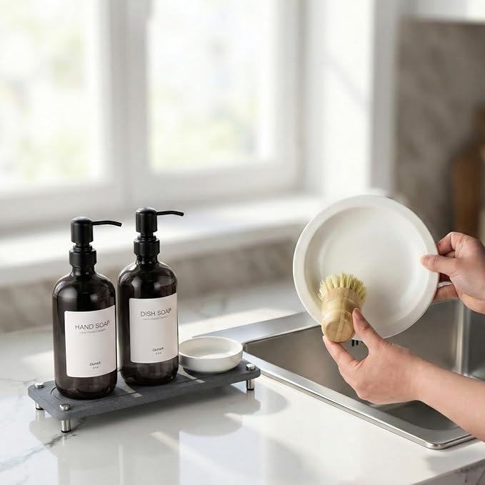 2 Pack Kitchen Soap Dispenser Set - 16oz Black Glass Dish and Hand Soap - Image 6