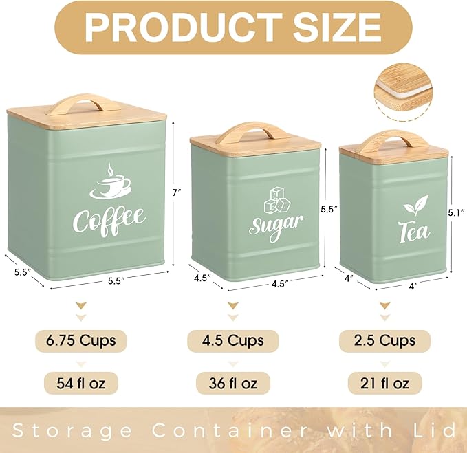 Maxdot 3 Set Coffee Sugar Tea Containers, Square Airtight Kitchen Canisters - Image 2