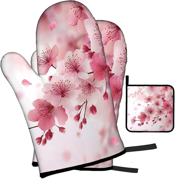 LOKMU Oven Mitts and Pot Holders Set of 3, Watercolor Pink Cherry Blossoms - Image 2