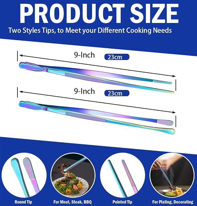 JETKONG 2 Pcs 9-Inch Culinary Tweezers Food Tweezers Kitchen Tweezer Tongs - Image 3