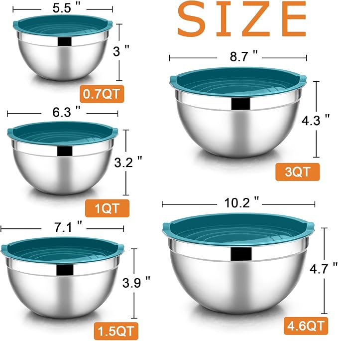 E-far Mixing Bowls with Teal Blue Lids Set of 5, Stainless Steel Mixing Bowls - Image 7