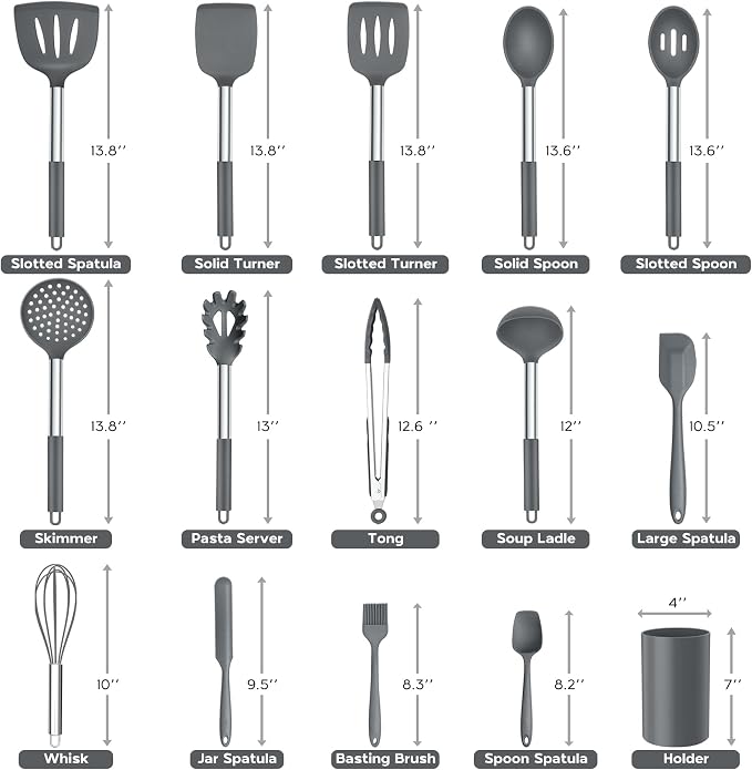 Onader Kitchen Cooking Utensils Set of 15, Silicone and Stainless Steel - Image 2