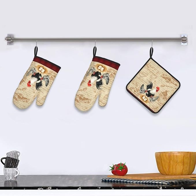 Rooster Chichen Oven Mitts and Pot Holders Sets, Cute Hot Pads Baking Gloves - Image 6
