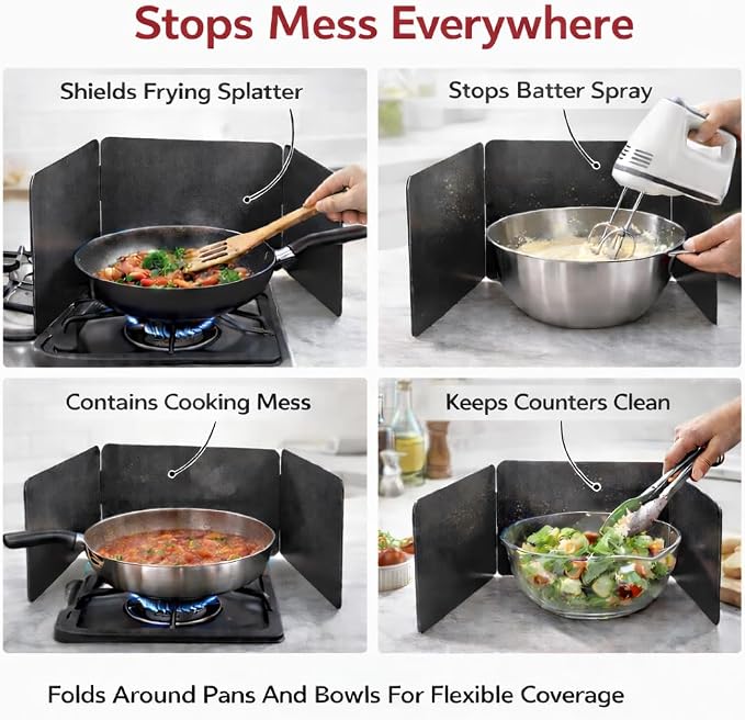 HIC Kitchen 3-Sided Splatter Guard, Non-Stick Carbon Steel, Heat Safe, Folds - Image 4