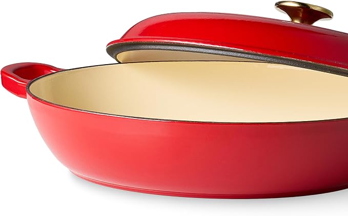 CAROTE 3.4QT Enameled Cast Iron Braiser Pan, Shallow Dutch Oven Casserole - Image 3