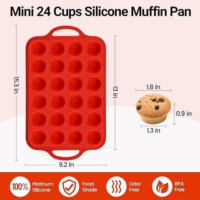 CAKETIME Silicone Mini Muffin Pan, Metal Reinforced Frame 24 Cups Mini Muffin - Image 4