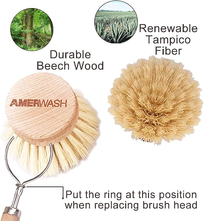 AMERWASH PLUS Classic Dish Brush Replacement Head 3 Packs, Natural Bristle - Image 4