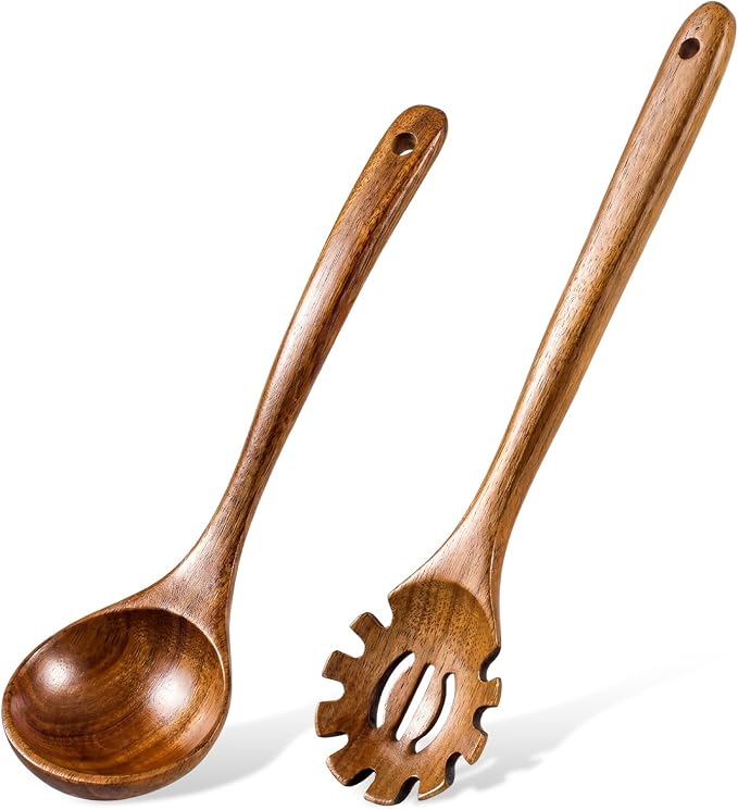 Wooden Ladles for Cooking, 2-Piece Soup Ladle & Pasta Spoon Set, Natural Teak by Unknown
