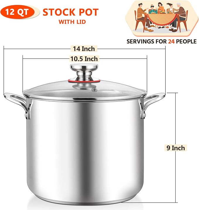 E-far 12-Quart Stock Pot, 18/10 Stainless Steel Stockpot - Image 2