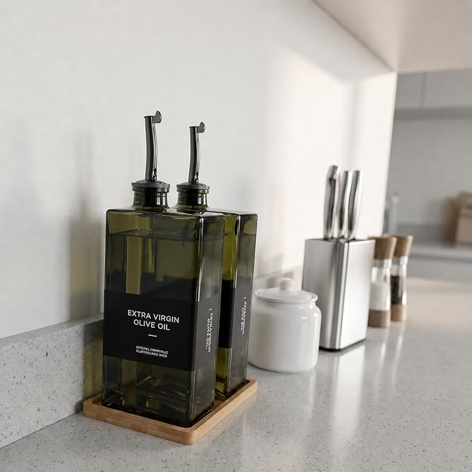 Glass Olive Oil Dispenser Bottle Set of 2, Bamboo Tray + Stainless Steel Funnel - Image 7